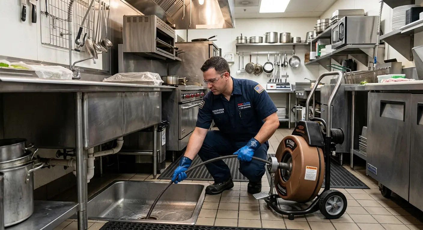 Commercial drain cleaning service in a restaurant kitchen in Eastern Goleta Valley