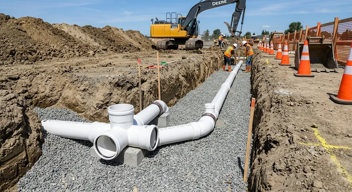 New PVC sewer pipe installation in open trench for Grease Trap Cleaning in Eastern Goleta Valley