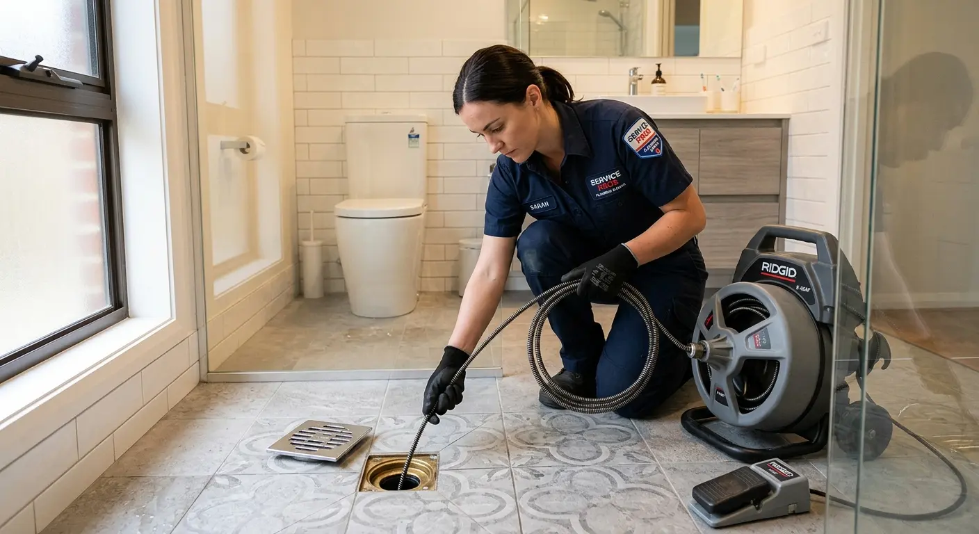Technician clearing a bathroom floor drain for Drain Repair in Eastern Goleta Valley